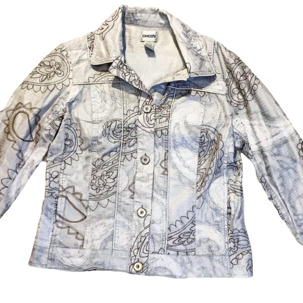 Chicos Paisley Cotton Silver Button Blazer Shiny 0 Small Medium Career